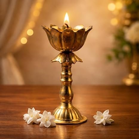 ServNova Lotus Brass Diya for Puja 5.6" | Oil Lamp Deepam for Home Temple