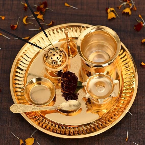 Gold Plated Steel Pooja Thali Set of 7 Articles