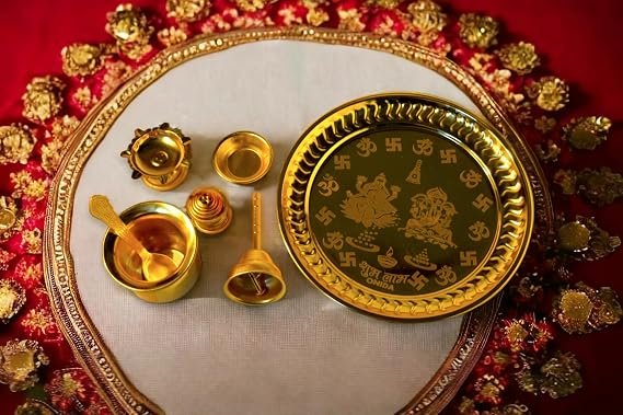 Gold Plated Steel Pooja Thali Set of 7 Articles