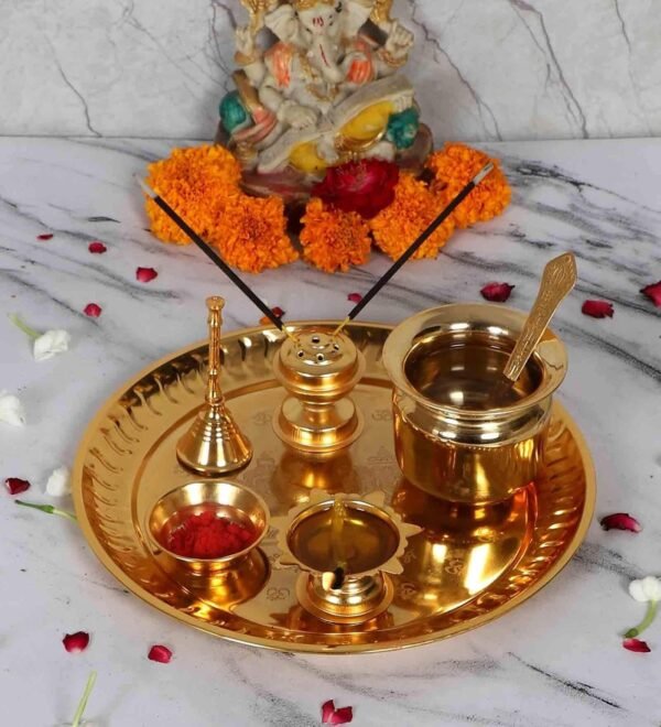 Gold Plated Steel Pooja Thali Set of 7 Articles